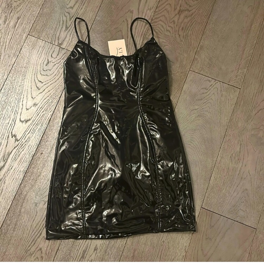 OH POLLY Vesper Vinyl Backless Mini Dress in Black